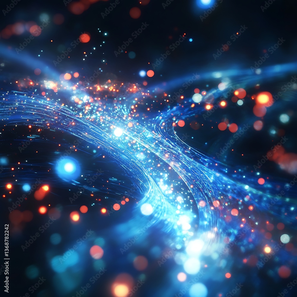 Poster abstract energy flow, vibrant digital design. a mesmerizing display of glowing particles and light t