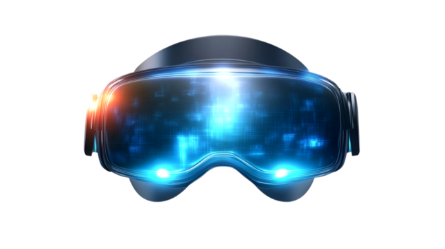 3D virtual reality headset with glowing lenses, Future gaming and digital experience, isolated on white transparent background