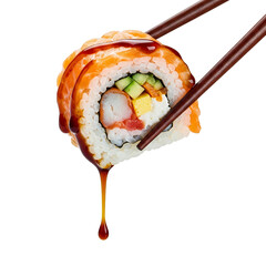Delicious sushi roll with fresh ingredients, dripping soy sauce, held by chopsticks, isolated on transparent background