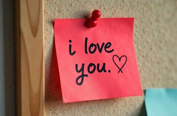 A vibrant pink sticky note is pinned to a cork bulletin board. It features the handwritten message 'I love you' alongside a heart conveying a heartfelt sentiment.