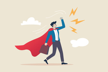 Superhero businessman with superpower to win business success, strength or power to control and finish work, confidence great responsibility, courage or strong positive attitude with fearless mindset.