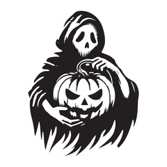 Spooky Halloween Ghost Silhouette Holding Pumpkin Vector Illustration