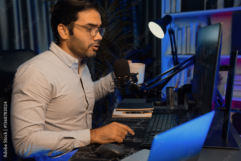 Aufkleber smart trader businessman concentrating on dynamic stock exchange investment on pc and laptop showing