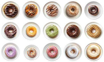 Assorted Delicious Donuts on White Plates Tempting Treats for Dessert Lovers with Various Toppings and Flavors Ideal for Sweet Cravings and Celebrations. Piquant food set.