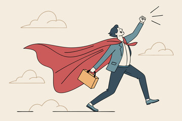 Superhero businessman with superpower to win business success, strength or power to control and finish work, confidence great responsibility, courage or strong positive attitude with fearless mindset.