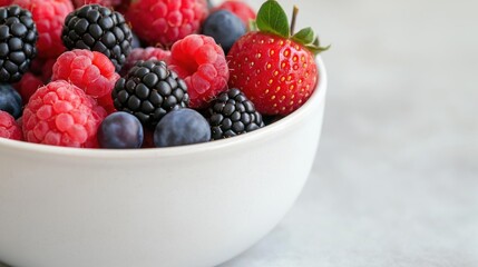 Close-up of a white bowl filled with a variety of fresh berries. the bowl is placed on a white marble countertop.