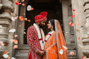 Indian Wedding Couple Portrait Red and Orange Outfits, Flower Petals