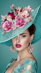 Elegant Womans Fashion Teal Hat, Orchid Flowers, and Jewel Earrings