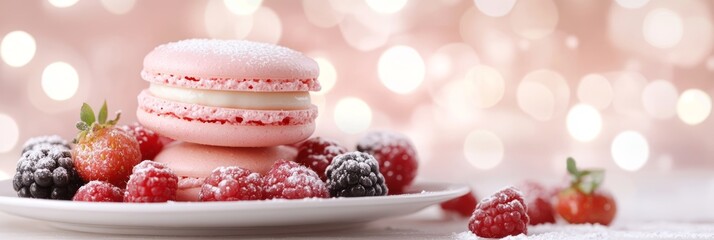 Delicious pink macarons served on a white plate with fresh berries against a soft, sparkling background