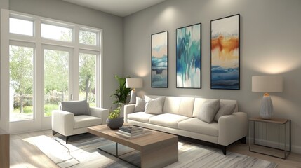 Fototapeta premium Bright and spacious living room with contemporary design elements and decor