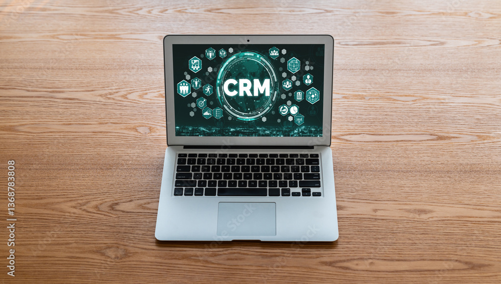 Poster customer relationship management system on modish computer for crm business and enterprise