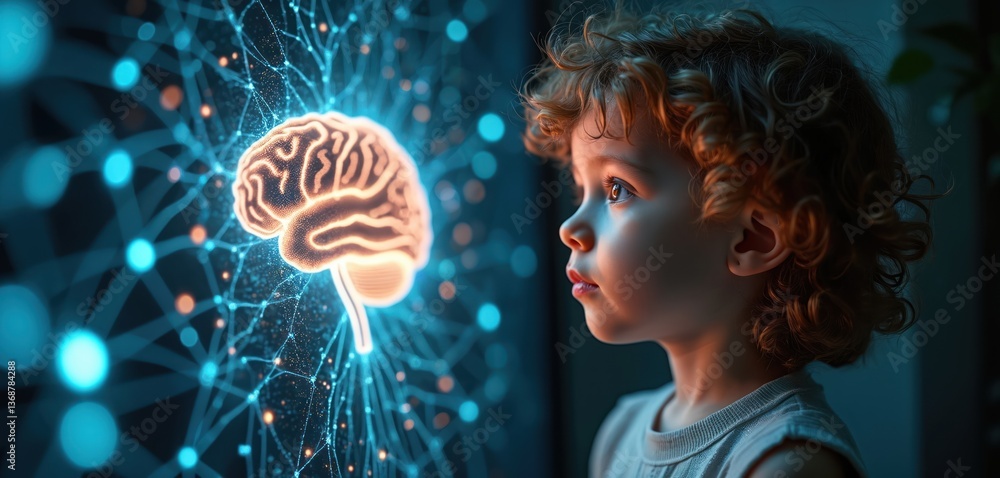 Poster digital hologram of a child mind with glowing brain neuron network. generative ai art of a child wat