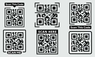 Fototapeta premium Scan QR code black icon set isolated on transparent background. Digital barcode scanning qr code sign for smartphone, payment, mobile app. Flat or line vector collection. Scan me phone tag symbol.