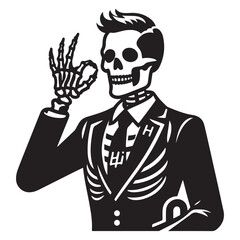 Stylish skeleton in suit making OK hand gesture illustration