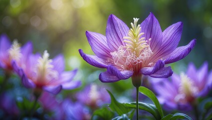 Fototapeta premium Close-up of vibrant purple flowers, delicate petals, with a bright yellow core