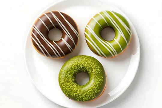 Three delectable donuts, a chocolate striped one, a matcha striped one, and a matcha sprinkled one, arranged on a pristine white plate, a tempting trio of sweet treats.