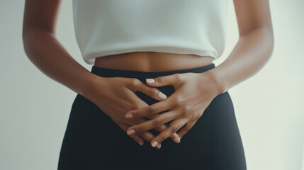 Close-up of a young woman experiencing discomfort and holding her lower abdomen with both hands, suggesting menstrual cramps, digestive issues, or other health concerns