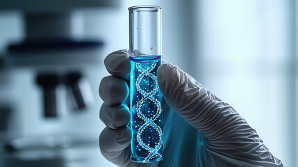 Hand holding test tube with glowing DNA structure, futuristic genetic research in laboratory