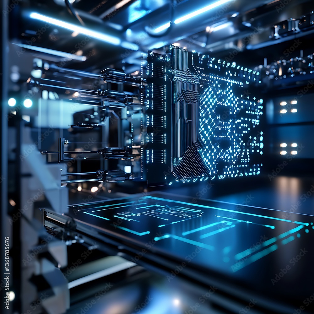 Poster futuristic server interior with intricate circuit board details and glowing interface. advanced tech