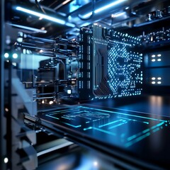 Fototapeta premium Futuristic server interior with intricate circuit board details and glowing interface. Advanced technology, data processing and security