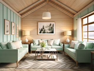 Fototapeta premium Modern minimalist living room interior with wall panelling in light wood colors and mint sofa. Living room with wall panels, couch and simple minimalist decor