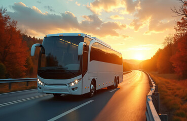 Modern coach bus on highway road during sunset. Intercity regional domestic transportation, urban modern tour, traveling concept, public comfortable passenger shuttle. Fast ride, moving transport on