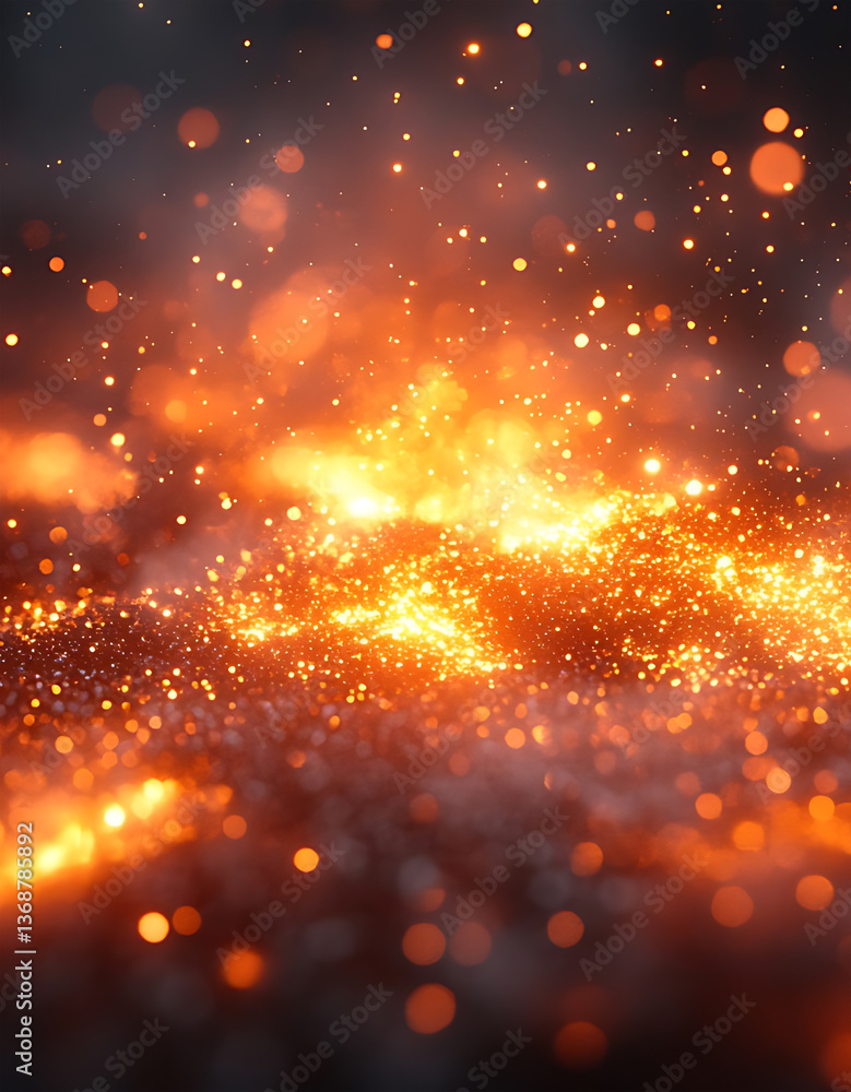 Poster fiery abstract: a mesmerizing display of fiery orange and gold particles dance against a dark backdr