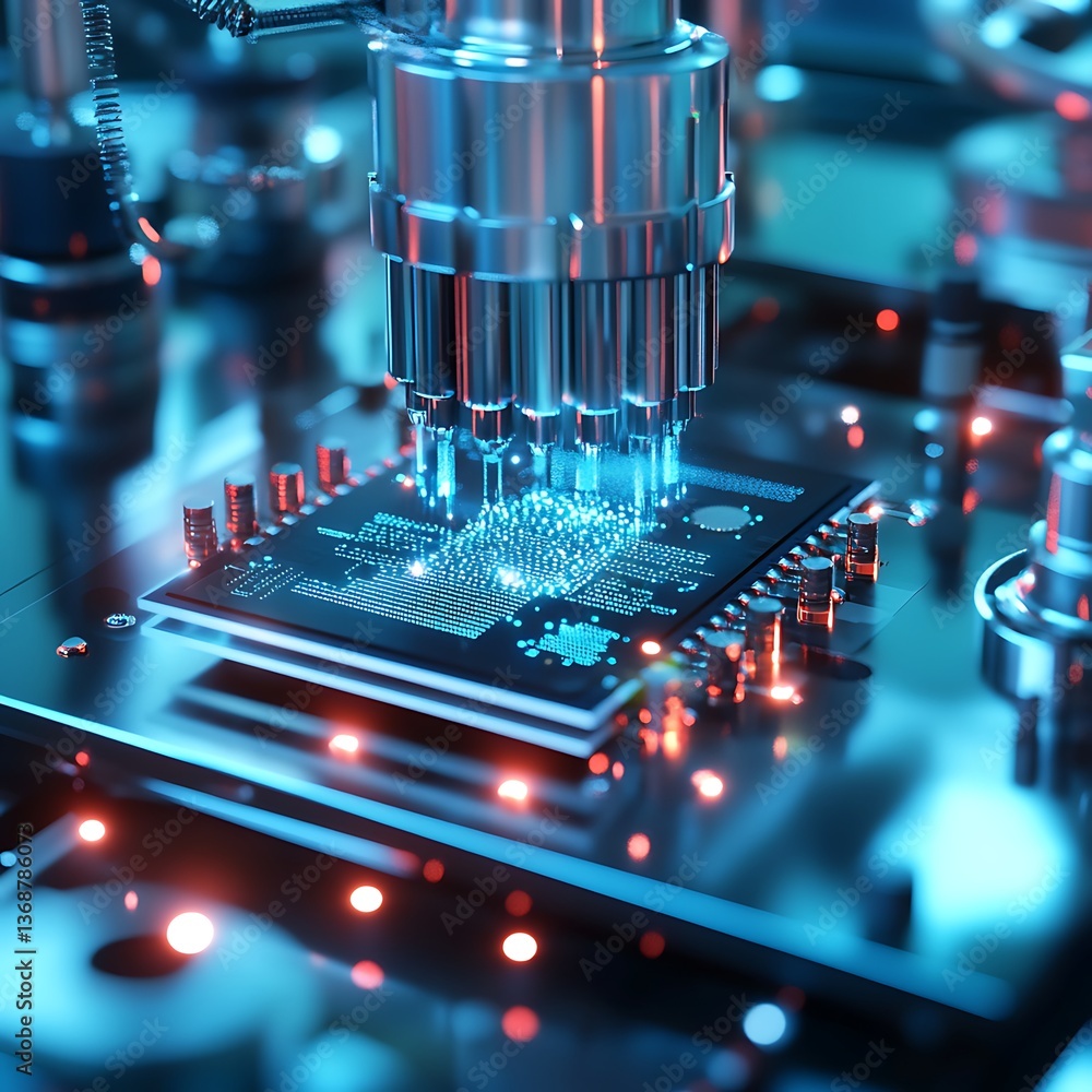 Poster high-tech chip assembly process. close-up view of automated machinery precisely placing components o