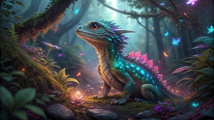 Obraz premium A small dragon-like creature with shifting, iridescent colors covering its skin, camouflaged against a glowing fantasy rainforest 