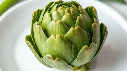 Fototapeta premium Close-up of an artichoke on a white plate. the head of the flower is in focus, while the background is blurred, making it the focal point of the image.