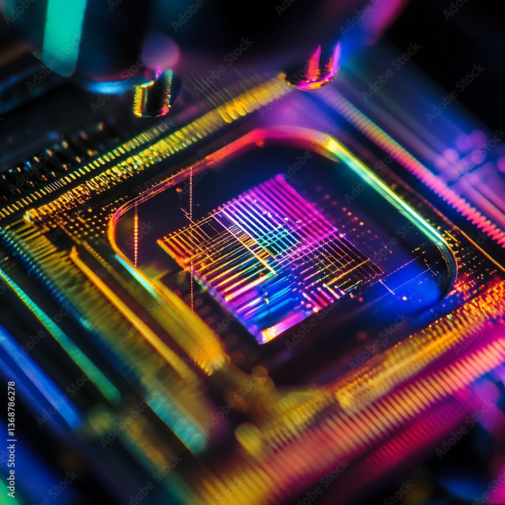 Poster close-up view of a vibrant, colorful microchip with intricate circuit patterns