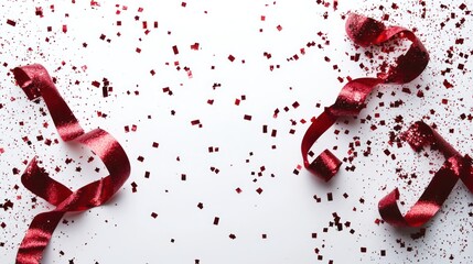 red confetti and ribbons on a white background with copy space
