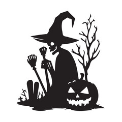 Halloween Witch Skeleton Silhouette Vector Art Illustration with Pumpkin