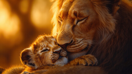 Fototapeta premium Lion cuddling with cub at golden hour, warm wildlife family moment in savanna