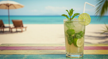 A refreshing mojito cocktail on a vibrant beachside table, perfect for a relaxing tropical getaway under a sunny sky.