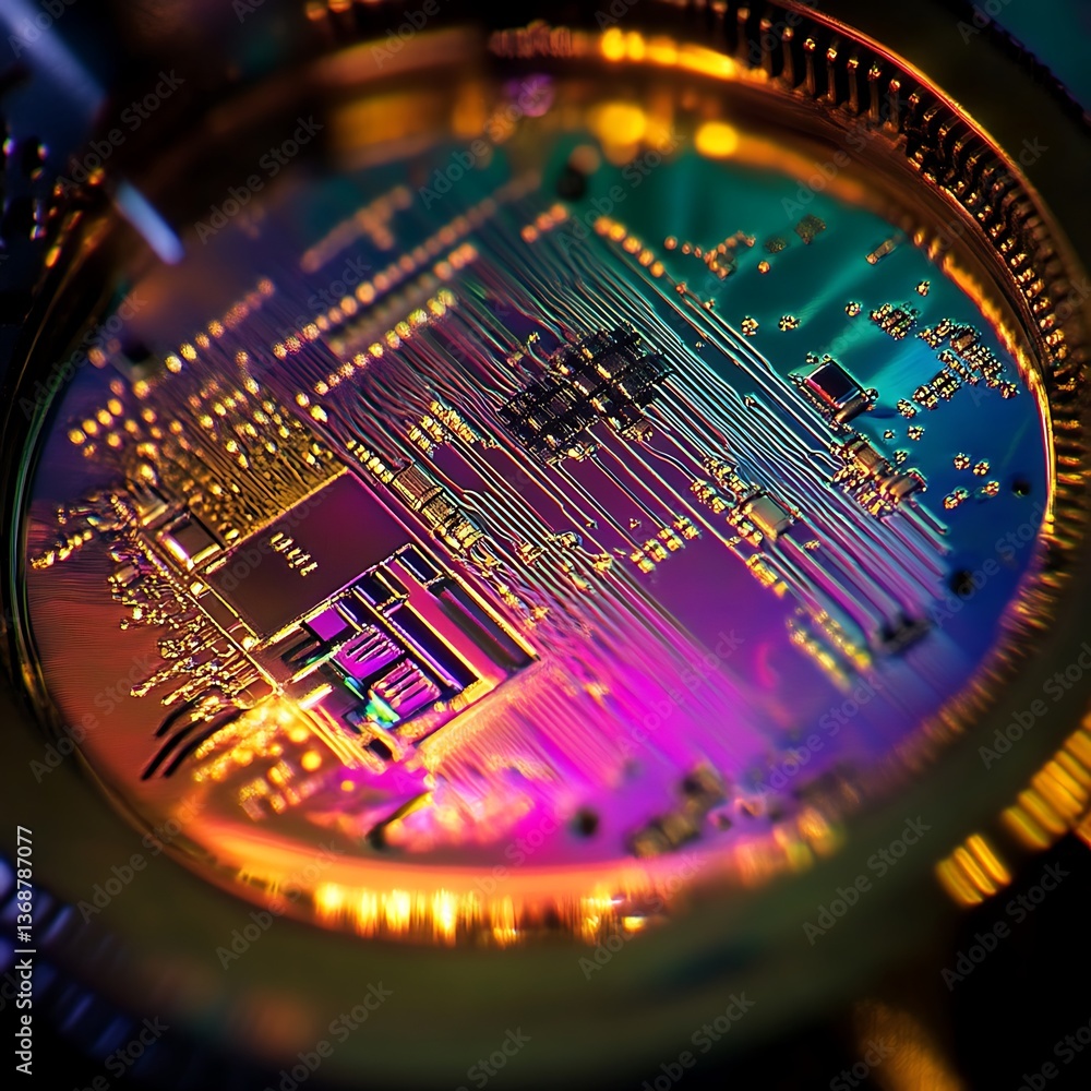 Poster close-up of a circuit board. intricate patterns and colorful details are visible on the chip
