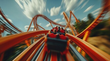 Thrilling roller coaster ride with high speed motion blur adventure