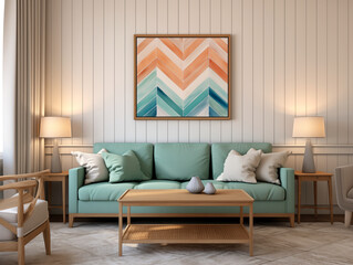 Modern minimalist living room with wall panelling in mint color and mint color accents in interior. Living room with wall panels, couch and simple minimalist decor