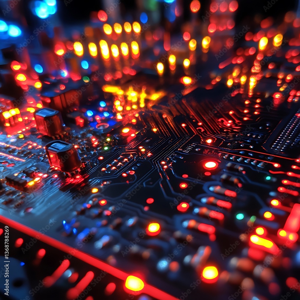 Poster close-up view of illuminated circuit board with glowing components. intricate network of connections