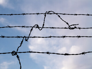 Close-up of barbed wire against a cloudy sky. The twisted metal symbolizes restriction, confinement, and boundaries, creating a contrast with the open sky in the background © Maciej Bonk