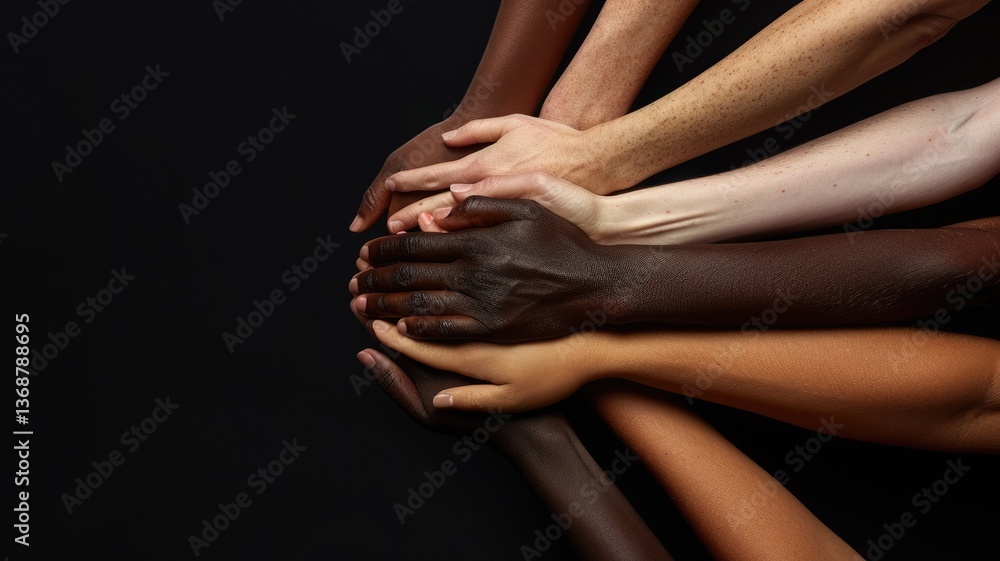 Poster a harmonious display of hands featuring various skin tones placed together, symbolizing unity and di
