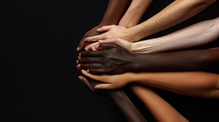 A harmonious display of hands featuring various skin tones placed together, symbolizing unity and diversity. The image highlights beauty in togetherness against a black background.