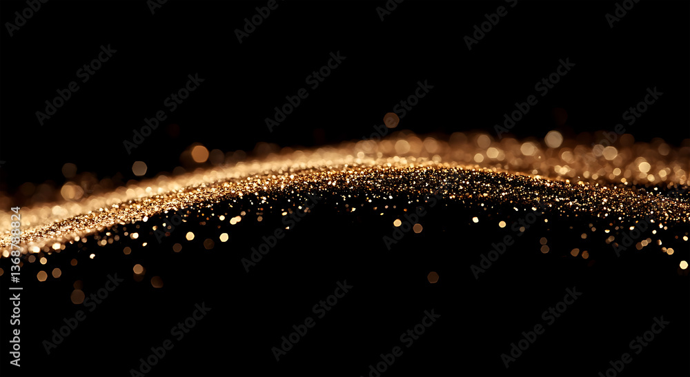 Poster golden shimmering wave: a mesmerizing display of golden particles flows gracefully across a dark bac