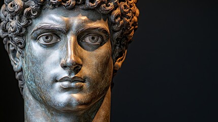 Close-up of an ancient bronze bust, depicting a young man with curly hair.