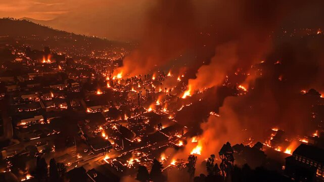 Fires rage through residential areas on a hillside as flames illuminate the darkening sky. Residents rush to evacuate as smoke and erratic winds worsen the situation.
