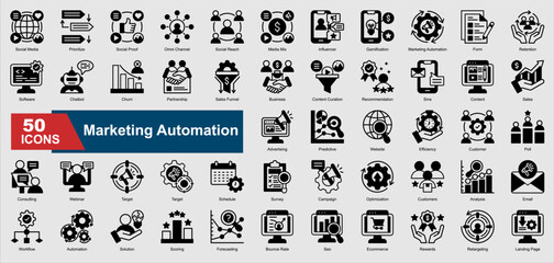 Marketing Automation black icons featuring automation, CRM, email marketing, customer retention, analytics, chatbot, and more. Perfect for illustration and design.
