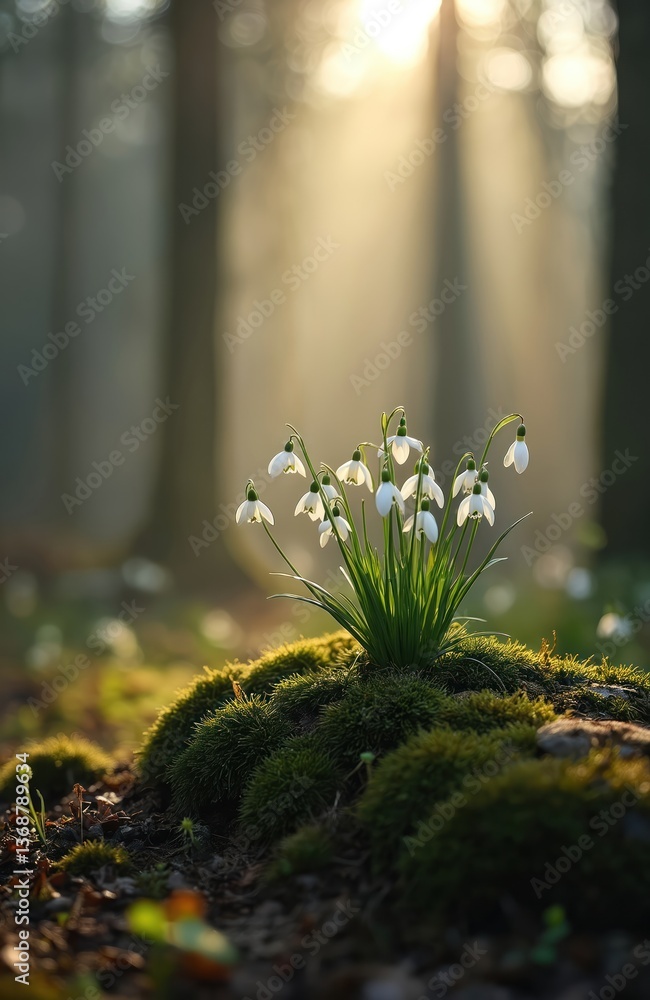 Poster white snowdrop flowers bloom in mystical autumn forest with soft light. sunbeams illuminate springti