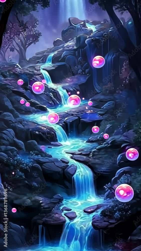 Poster magical waterfall cascading through rocks with glowing pink orbs in an enchanting forest setting at 