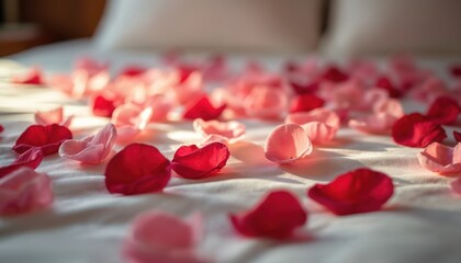 Romantic scene on bed with red and pink rose petals. Beautiful floral arrangement in hotel room. Celebration, love, wedding, marriage. Valentine day, romance, honeymoon or special event.