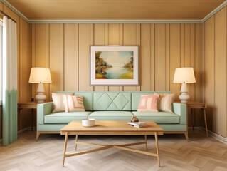 Modern minimalist living room interior with wall panelling in light wood colors and mint sofa. Living room with wall panels, couch and simple minimalist decor